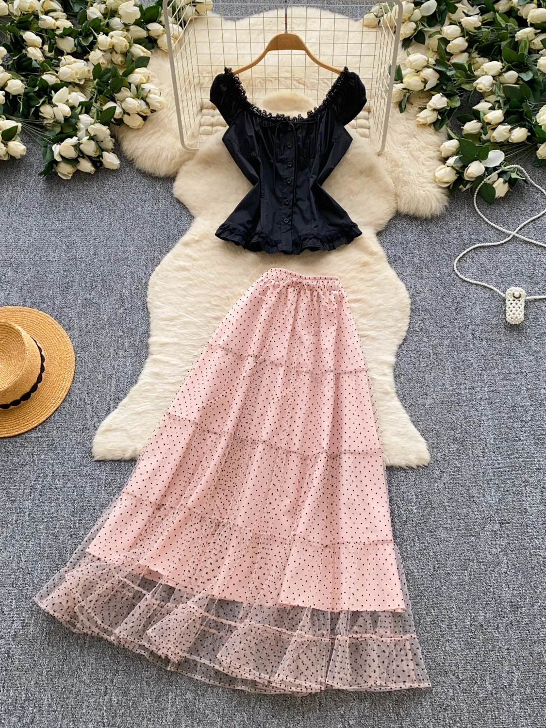 

Sweet Lace Splice Vest High Waist Skirt Two-Piece Set for Women Summer Slimming Fashion Ensemble Casual Commute Suitable