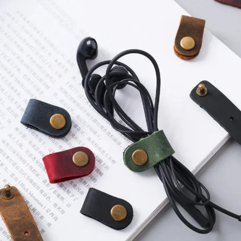 

Genuine Leather Cable Organizer Vintage Earphone Wire Data Line Clips Cable Winder Tie Cable Management Cord Organizer Office