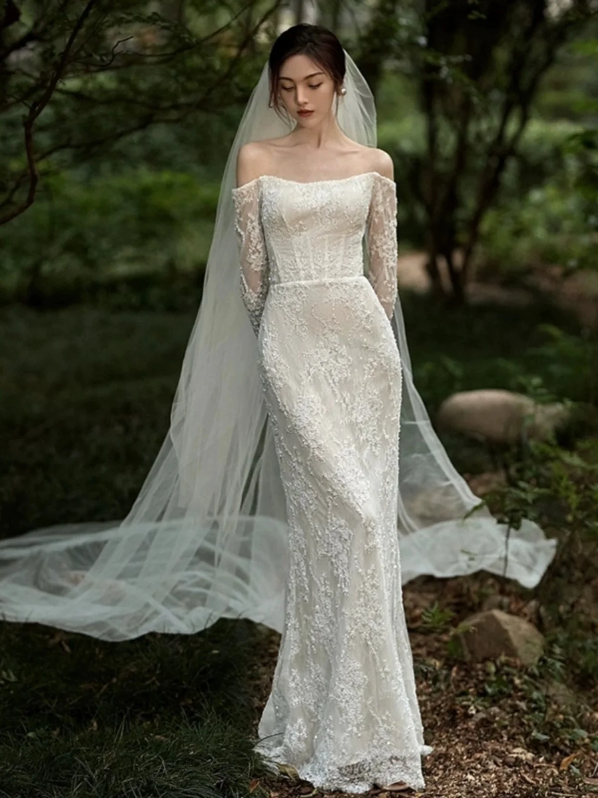 Ele dentelle longue Sve une oule lumière mariage Dr luxe Fi queue robe pour la photographie extérieure saison de printemps
