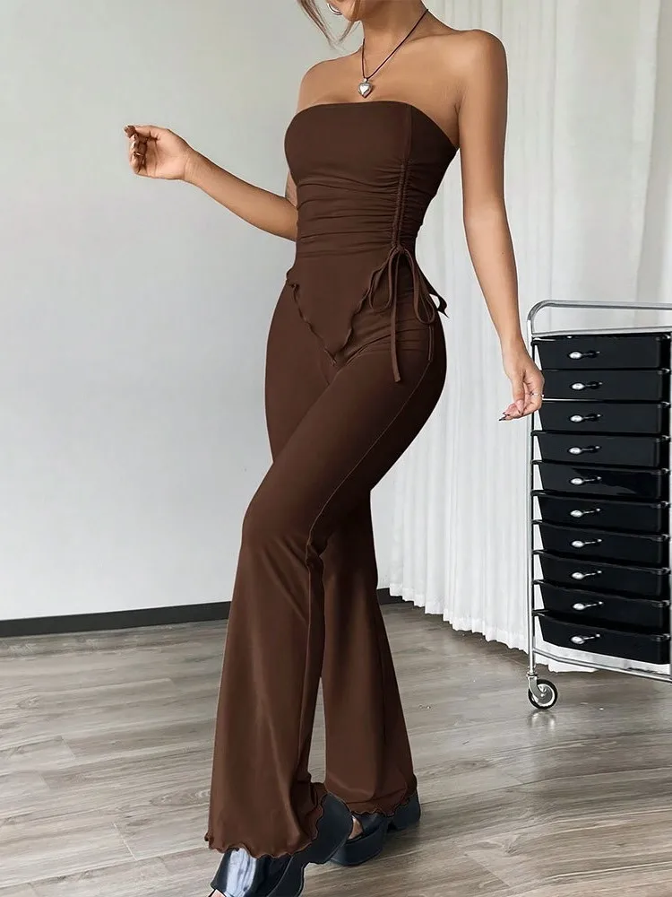 

Sexy Hot Girl Style Street Fashion Trousers Set Summer Bra Slim Sleeveless Lace-up Top Simple Solid Color Trousers Two-piece Set