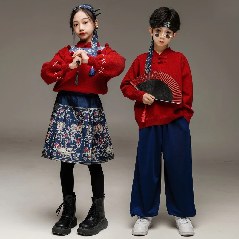 Frühling Festival Childs Jazz Dance Kostüm Für Mädchen Jungen Hip Hop Street Dance Performance Kostüm Chinesischen stil Rot Set XH1896