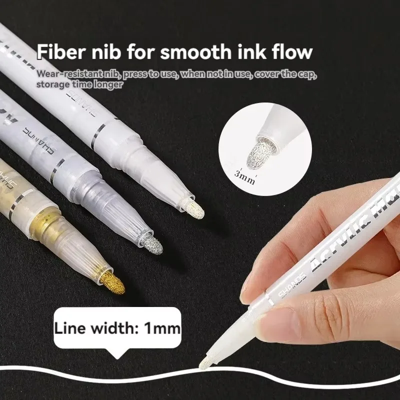 3Pcs High‑Gloss Acrylic Paint Marker Set, Gold/Silver/White for Rock Ceramic Fabric Wood DIY Painting Stationery Supplies