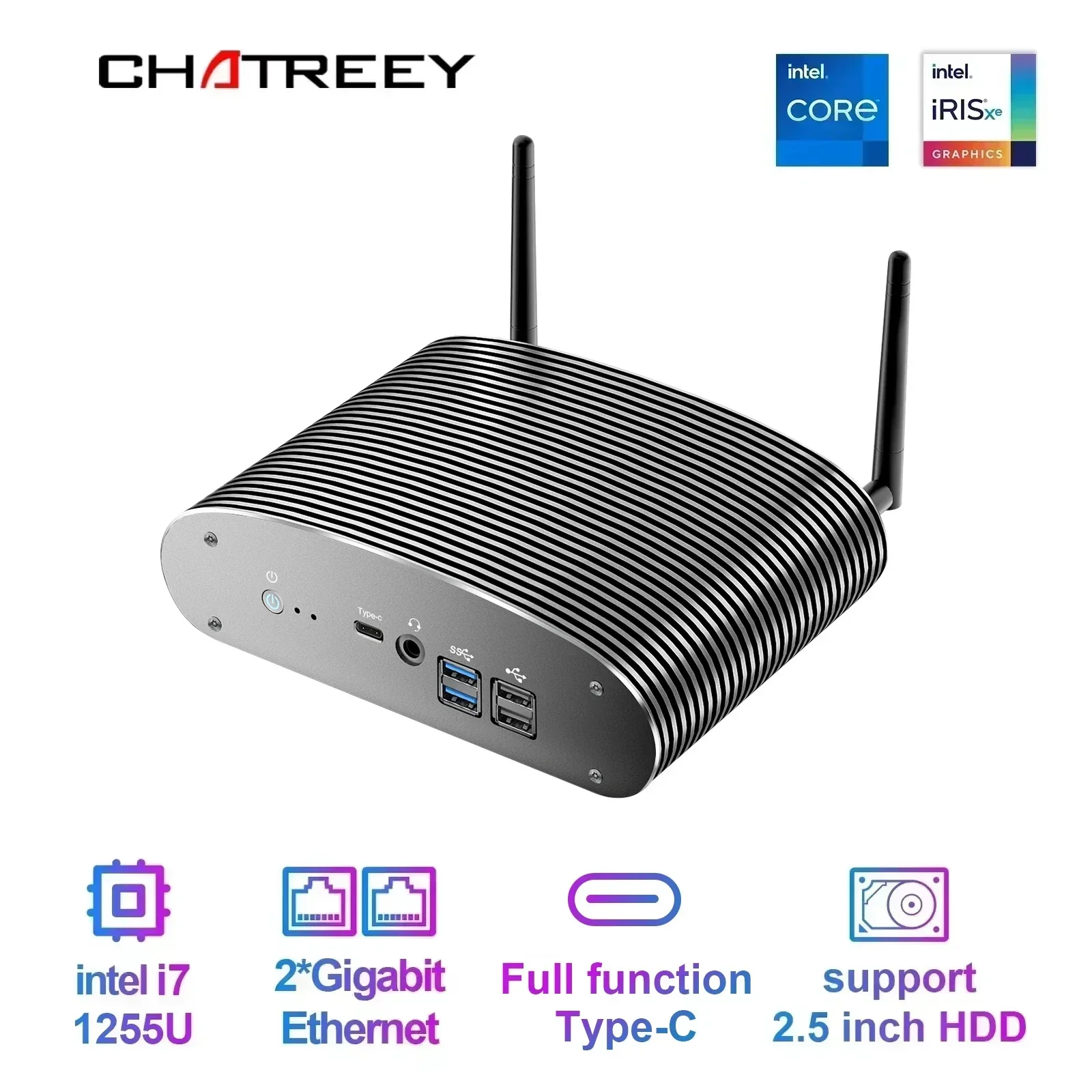 Chatreey Intel 1235U i7 1255U TK12F Mini PC sin ventilador para juegos ordenador de escritorio 3x4K @ 60GHZ compatible con NVME SSD