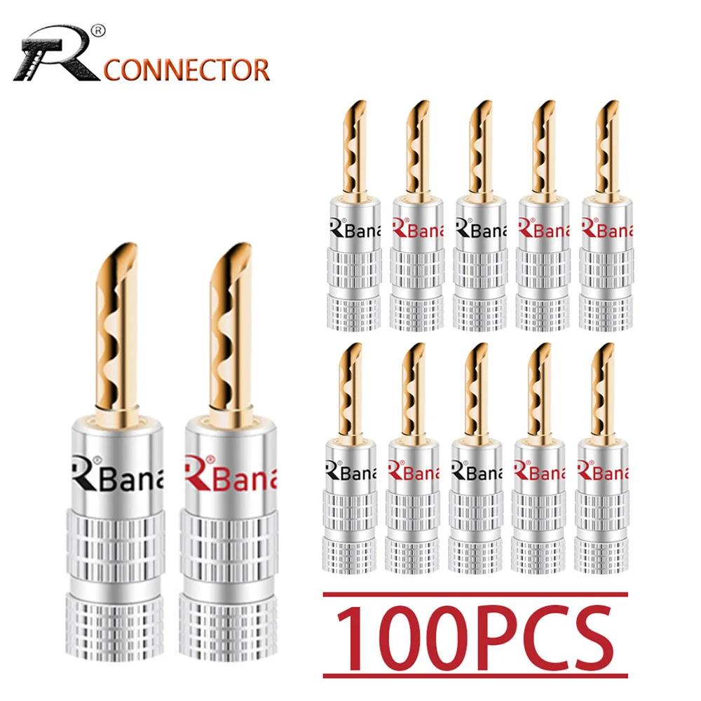 100pcs Banana Plug 24K Gold Plated Copper BFA 4mm Banana Connector Male Speaker Plug Black&Red