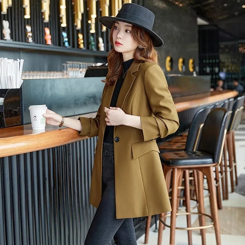 Autumn Winter Ladies Mid Long Blazer Women’s Single Button Black Purple Female Casual Jacket Coat Office Blazer Female Outerwear