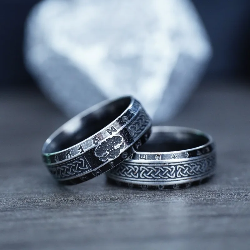 

Retro Nordic Celtic Knot Viking Text finger Tree of Life Corrosive Stainless Steel Ring Daily Commuter Art Jewelry