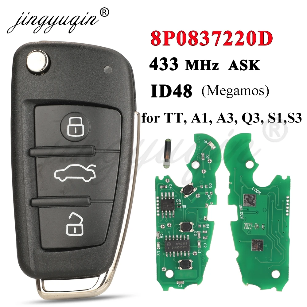

jingyuqin 8P0837220D Remote Car Key For Audi A1 A3 TT S1 S3 Q3 2005+ 433Mhz ASK ID48 Chip 8P0 837 220 D Flip Key Fob Control