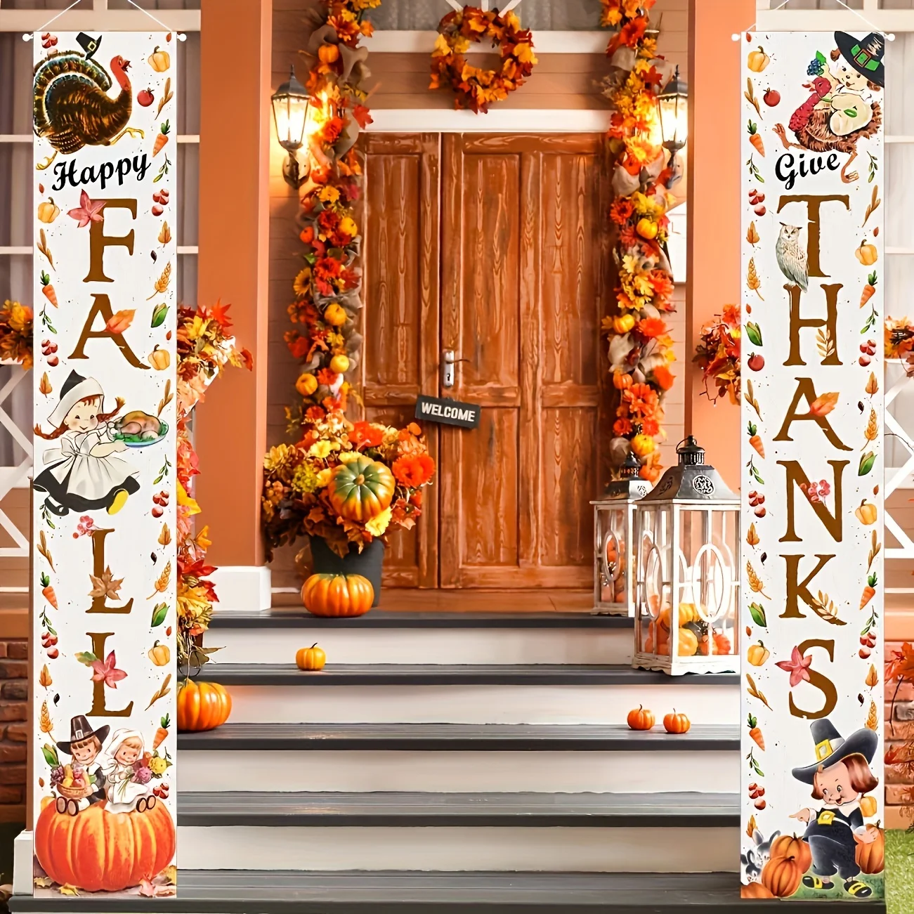 Thanksgiving Decorations Vintage Give Thanks Fall Porch Sign Banner Autumn Harvest Front Door Hanging Banner with Turkey Pumpkin