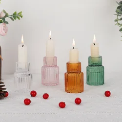 3PCS set Glass Candlestick,Stick candle Holder,Transparent Pink Green Amber color,Wedding romantic table Candle stand,Home Decor