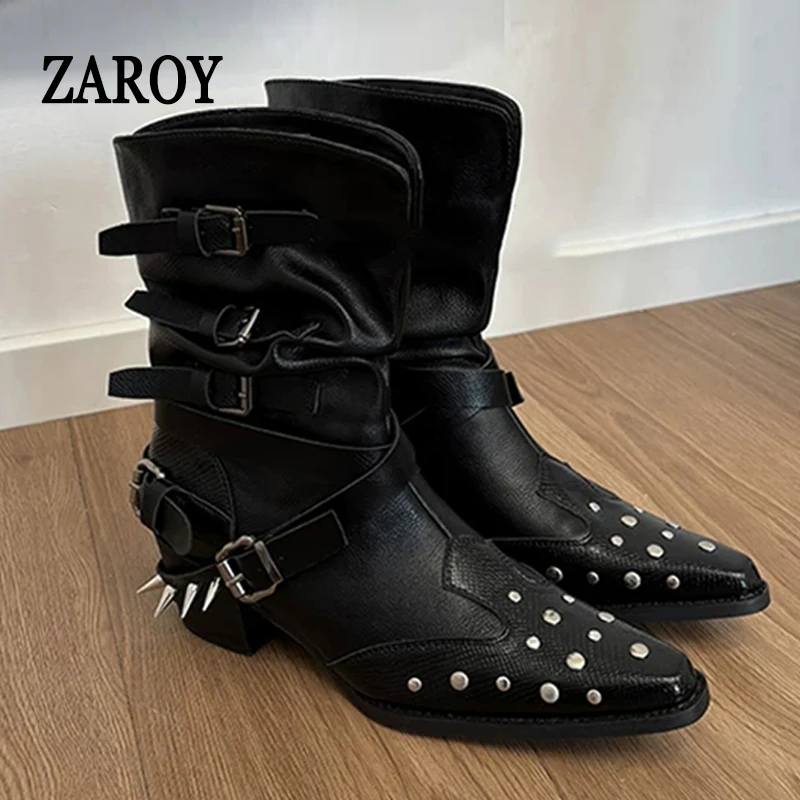 ZAROY Mental Rivet New Rock Punk Ankle Boots Women Pointed Toe Square Heels Black Belted Buckle Gothic Knight Cowboy Booties