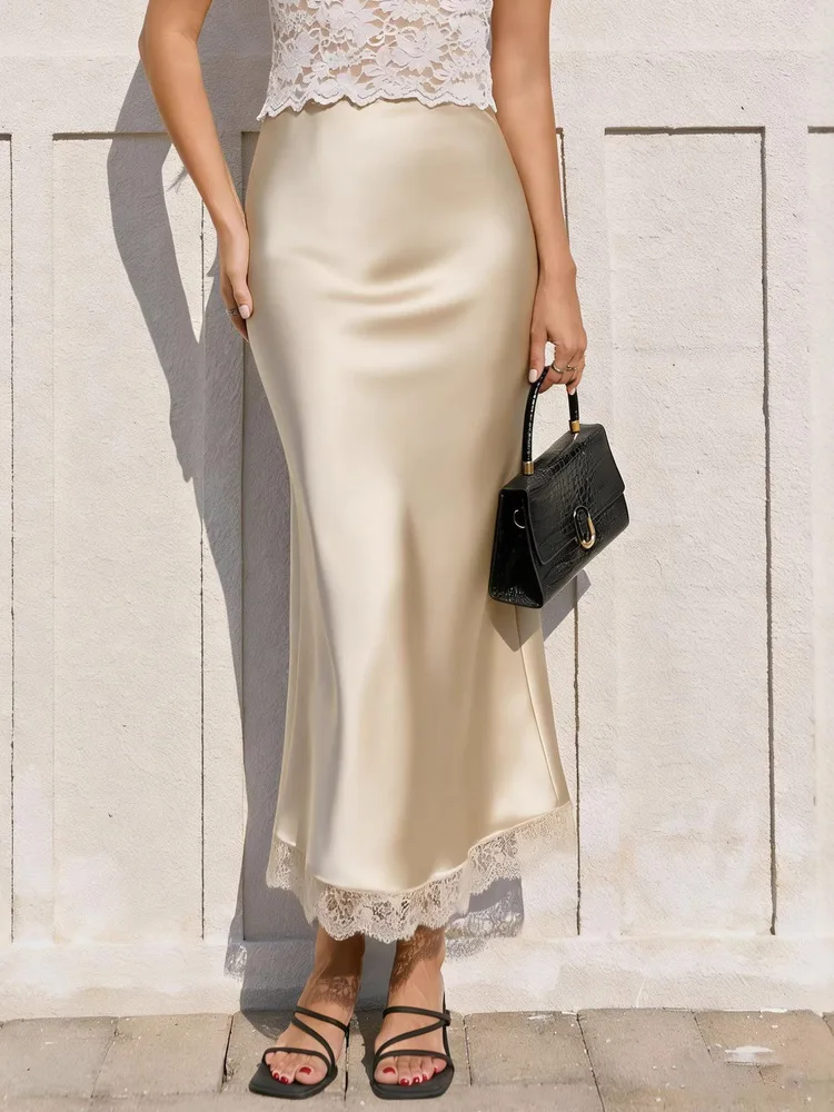 

Новинка 2026: Длинная юбка из атласа с кружевными вставками для женщин, модная весенне-летняя модель 2026 года, элегантная юбка с завышенной талией для вечеринок