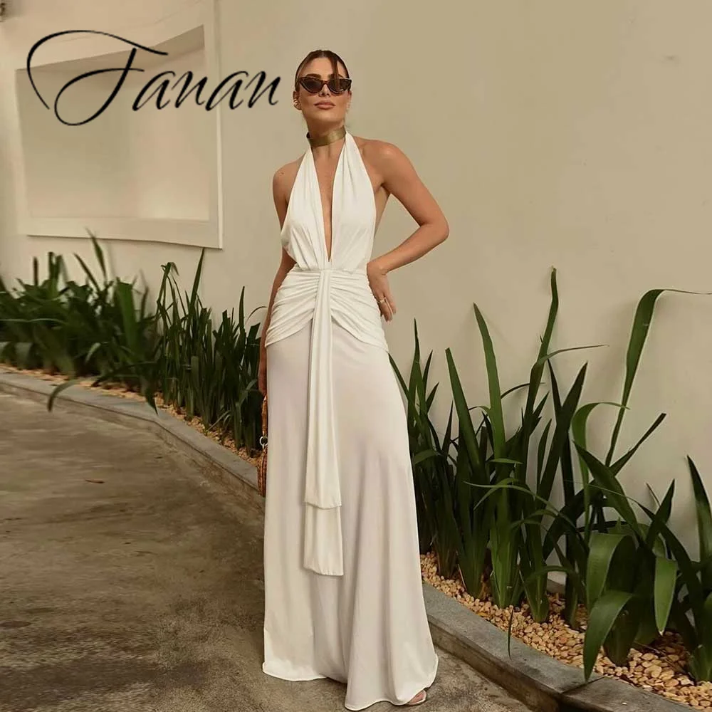 Customized Minimalist Evening Dress Chiffon Halter Neck Backless Sheath Sleeveless Draped Women's Fashion Floor Length Prom Gown