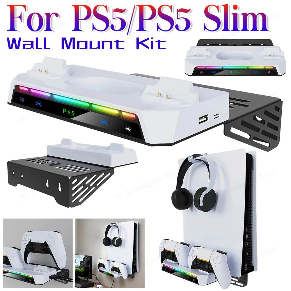 

Настенная полка для PS5/PS5 Slim (дисковая и цифровая версии) с двойной зарядкой для контроллеров, RGB-подсветкой и держателем для гарнитуры