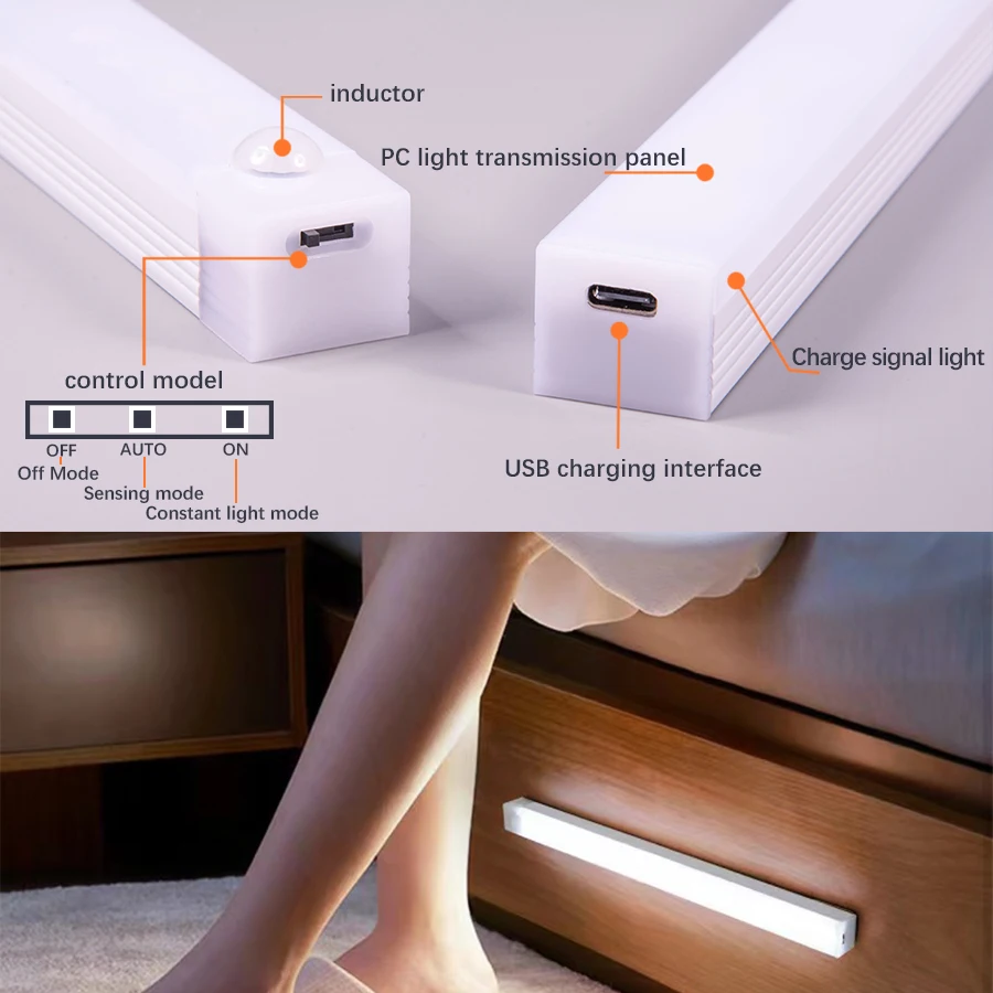 Rechargeable LED Motion Sensor Night Light Under Cabinet Cordless Lamp for Kitchen Wardrobe Bedside Induction Strip Bar Light