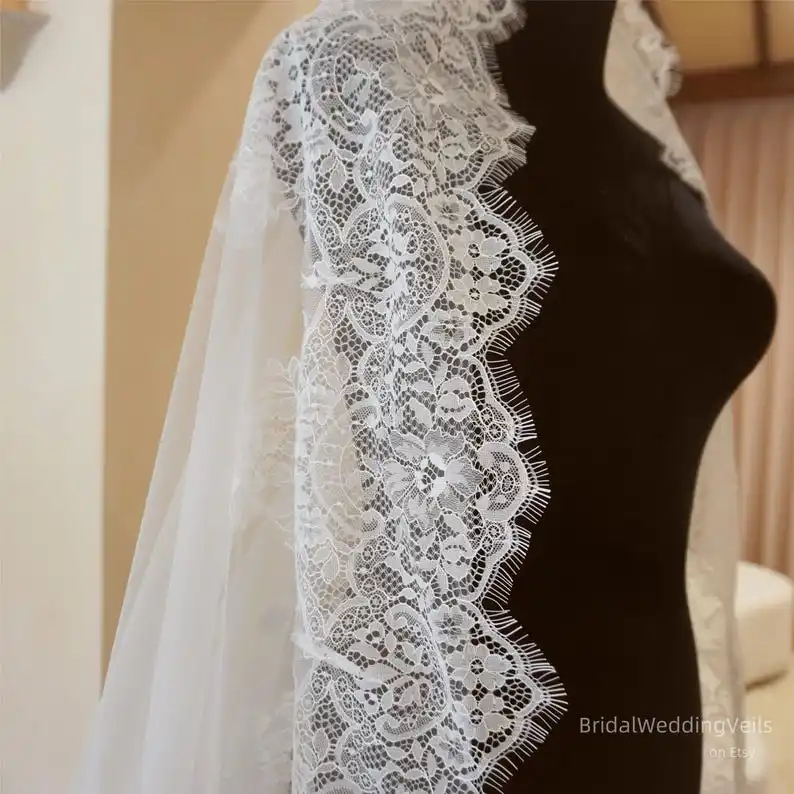

Mantilla Lace Trim Wedding Veil Cathedral Lace Wedding Accessories Fairy Drop Veil With Comb Handmade Customization Length