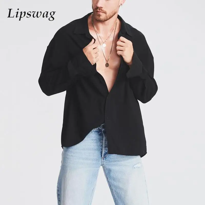 

Simple All-match Black Shirts Men Long Sleeve Loose Casual Shirts Spring Fashion Buttoned Turn-down Collar Shirt Mens Streetwear