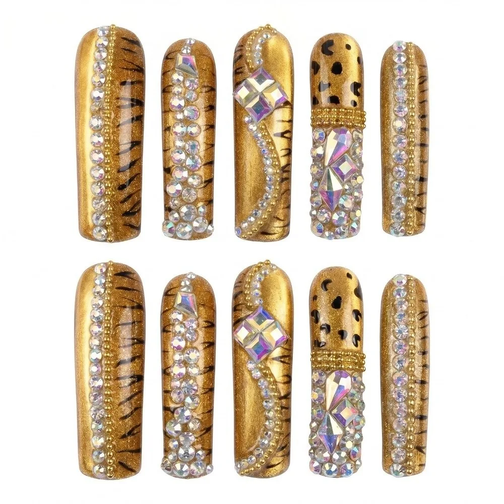 10pcs Long Cat Eye Nail Press on Surface Glossy Acrylic Nail Gold Fake Nail Handmade Luxury Inverted Hook Style Manicure Gifts