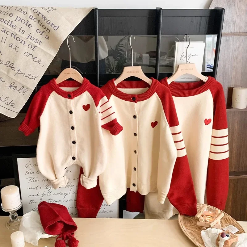 2024New Christmas Mother Baby Kids Family of Three Contrast Color Bar Love Knitted Sweater Cardigan Coat Children Autumn Clothes