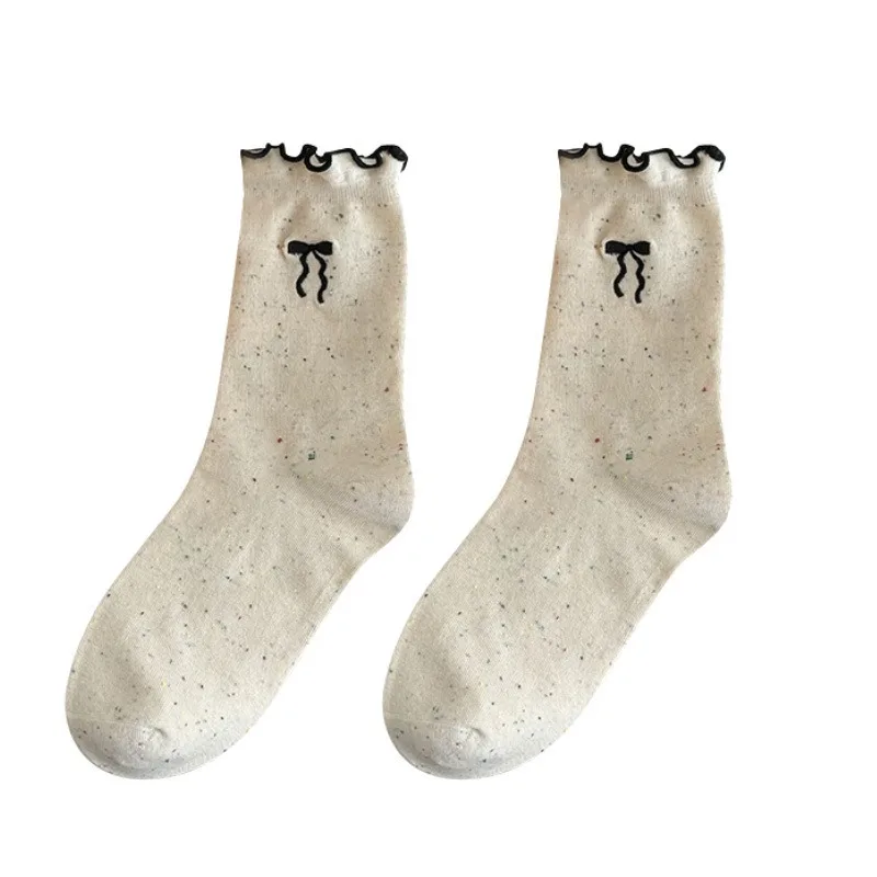5 paires de chaussettes blanches pour femmes, ensemble de chaussettes à volants avec nœud brodé, Tube central, Coquette décontractée, bonneterie de Style coréen, automne