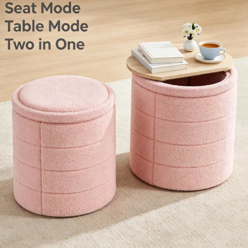 Pink Teddy Fabric Round Storage Side Table With Wooden Top For Living Room Bedroom Sofa Side Table Footrest
