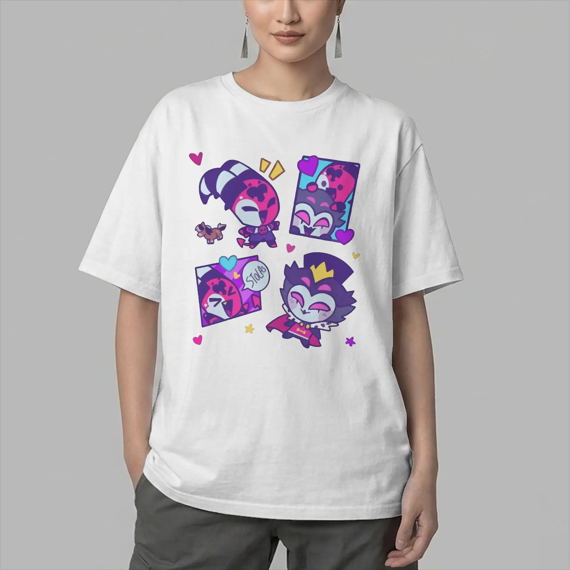 Stolas and Blitzo Chibi Valentines T Shirts for Men Pure Cotton T-Shirt Crewneck Helluva Cartoon Boss Tee Shirt Short Sleeve