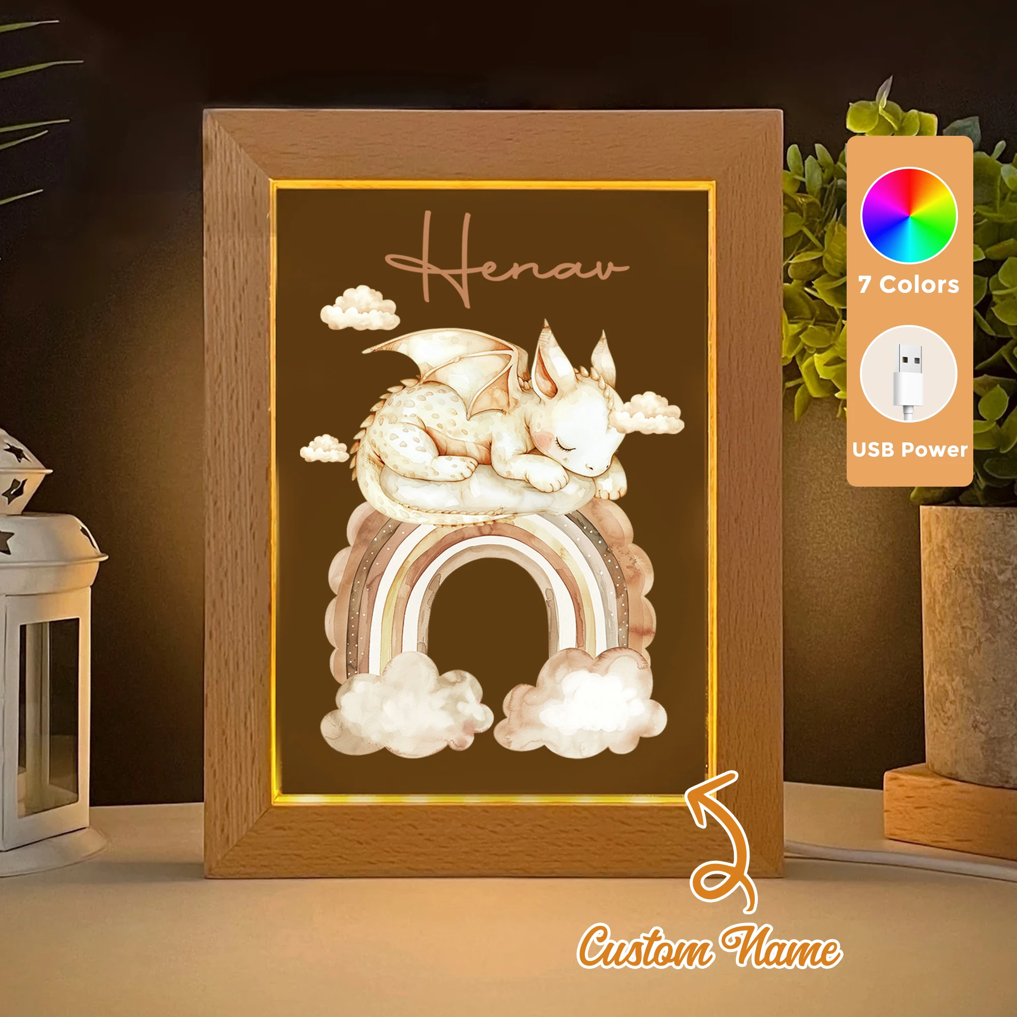 

2D Flat Custom Name Cartoon Dinosaurs Rainbows LED Acrylic Night Light Wood Photo Frame 21x17cm Child Bedroom Gifts Home Decor