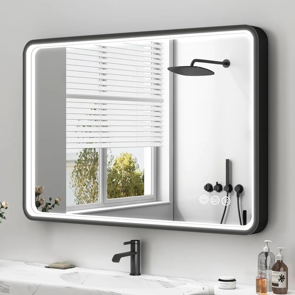 

S'bagno 32x24 Inches LED Bathroom Mirror Anti Fog, Black Framed LED Mirror for Bathroom, Bluetooth Bathroom Mirror 3 Colors, Dim