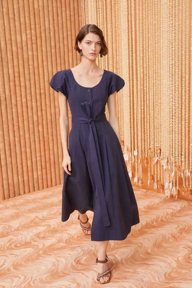 

Women's solid color bubble sleeved A-line waistband dress