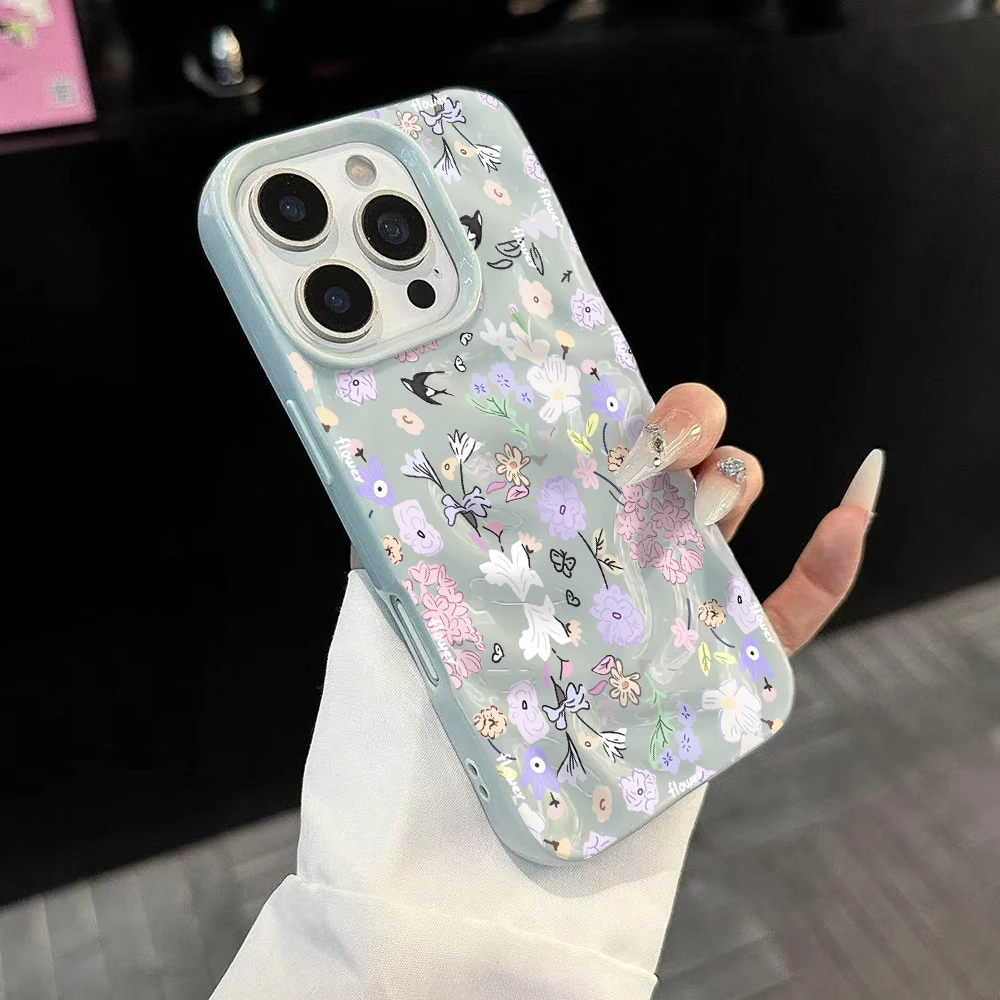 Koreanische Frühlingsblumen-Druck Handyhülle für iPhone 17 16 15 14 13 12 11 Pro Max 14 Plus 17Air Falten-Wellen Weiche Silikonhülle – Detail 2