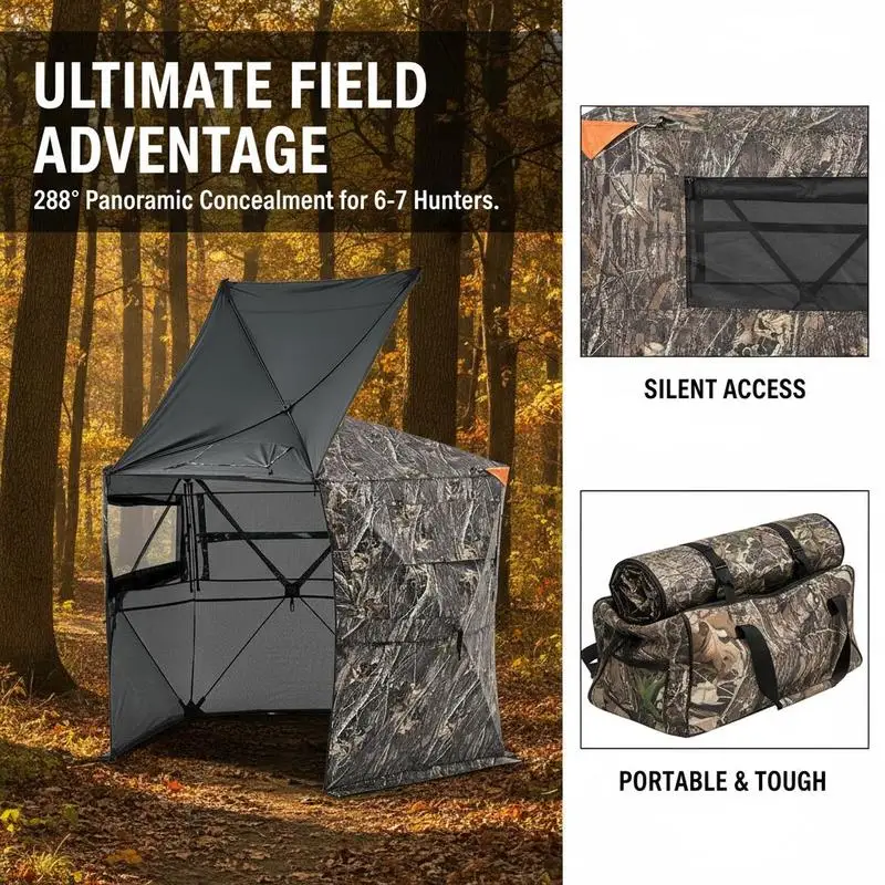 Hunting Blind 6-7 Person For Turkey Deer Hunting, Portable Camouflage Tent, Durable Concealed Shelter, Silent Zipper Door Window, 288 Degree 5 Side See-Through Ground Blinds with Carrying Bag view 3