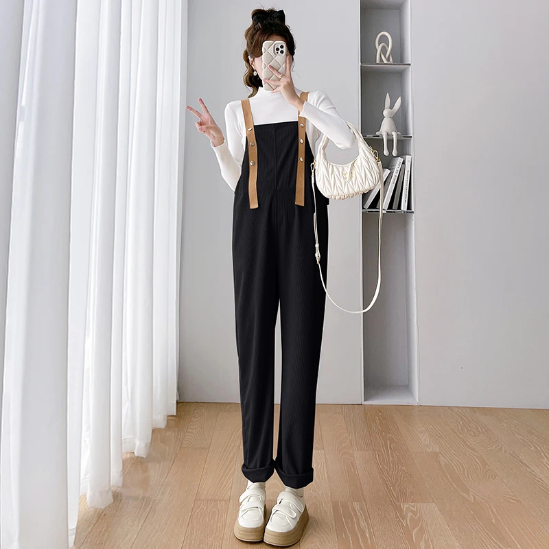 Autumn Oversized Pregnant Women Overalls Block Color Strap Long Loose Maternity Corduroy Jumpsuit Pregnancy Strap Pants Rompers