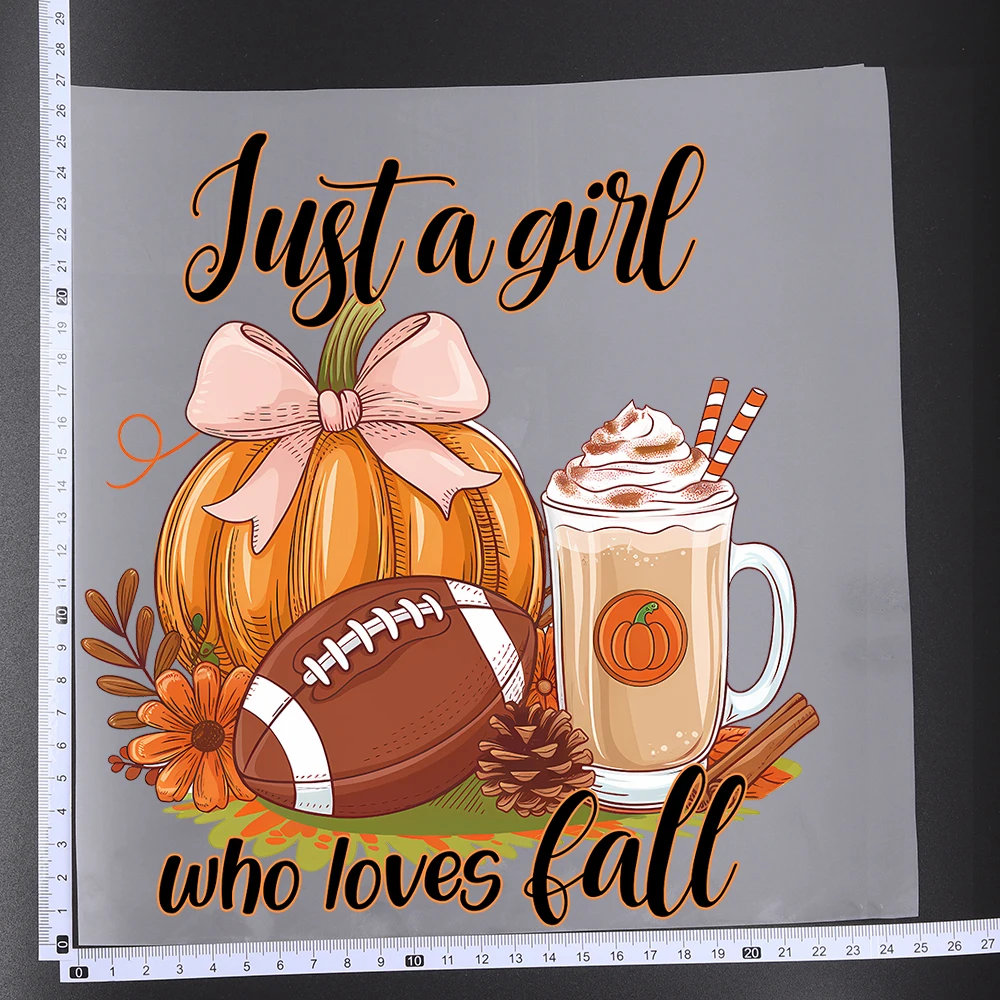 25CM Fall Season Sweet Pumpkin Coffee Heat Transfer Patches For Clothes DIY A-Level Washable Shirt Iron-on Thermal Stickers