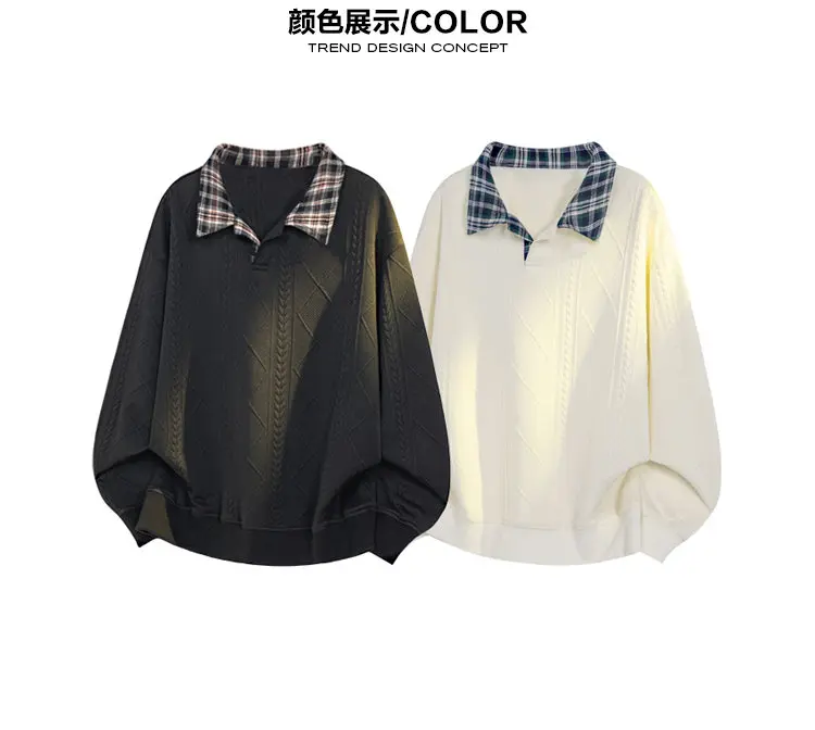 Herren-Sweatshirt mit Kontrastkragen und langen Ärmeln, Herbst-Diamant-Jacquard-Strick, lockere Passform, lässige Oberteile, halber Reißverschluss, Alltagskleidung – Detail 8