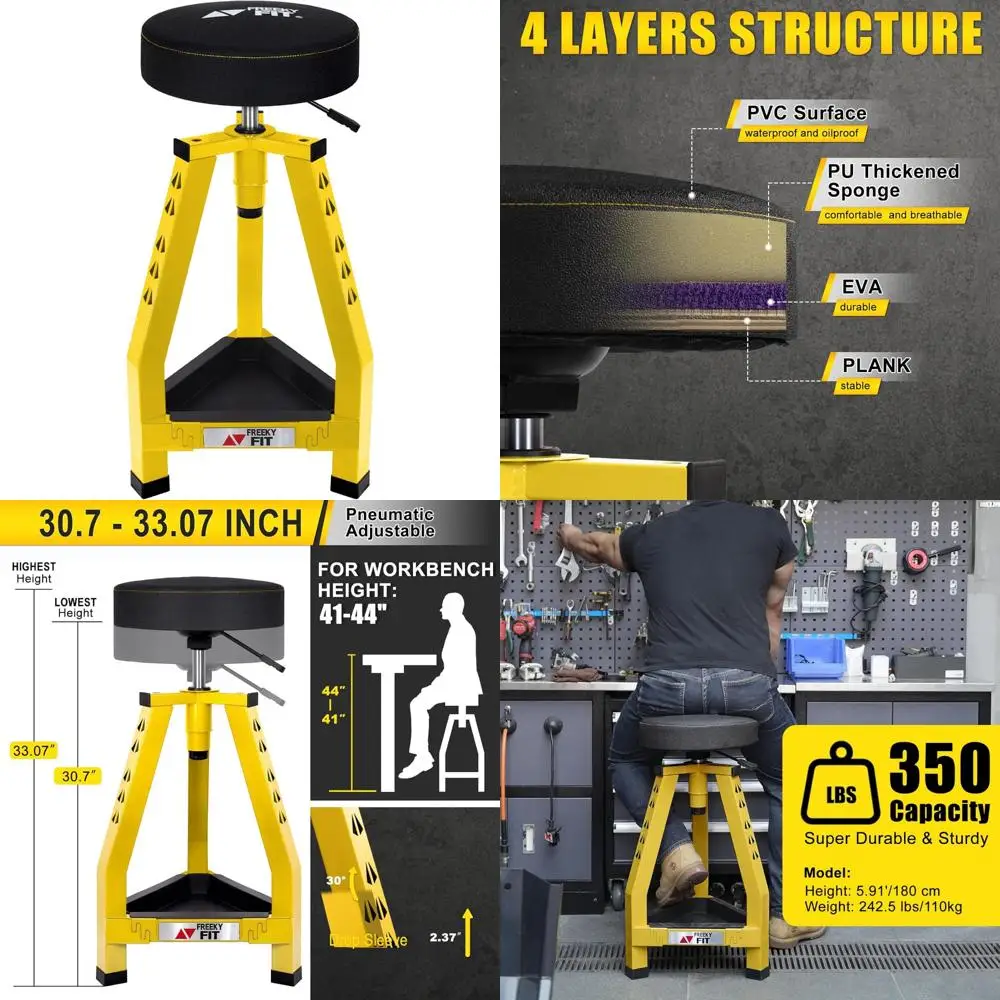 

Adjustable Tall Shop Stool with 360° Swivel, Padded Seat, Tool Tray for Mechanic Garage and Workshop Use