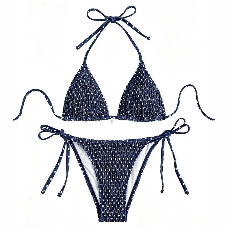 Sexy Black Polka Dot Print Micro Bikini Women Shell Pleate Push Up Bra Tie Side Thong Swimsuit 2026 Beach Bathing Suit Swimwear