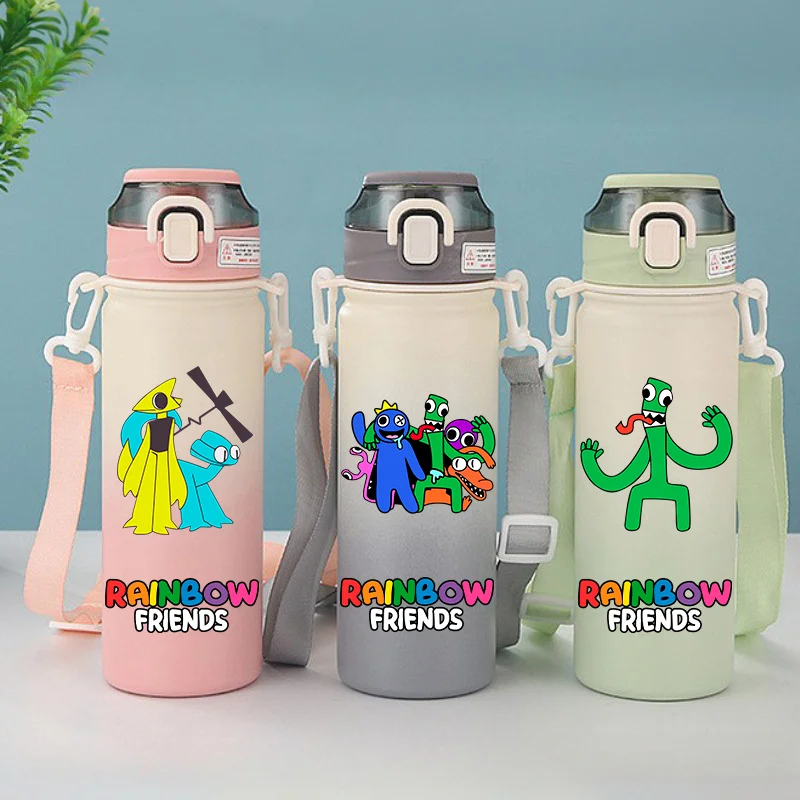 Bottiglia d'acqua in acciaio inossidabile con cartoni animati Rainbow Friends da 600 ml Bottiglia d'acqua portatile a prova di perdite Tazza d'acqua isolata per sport all'aria aperta