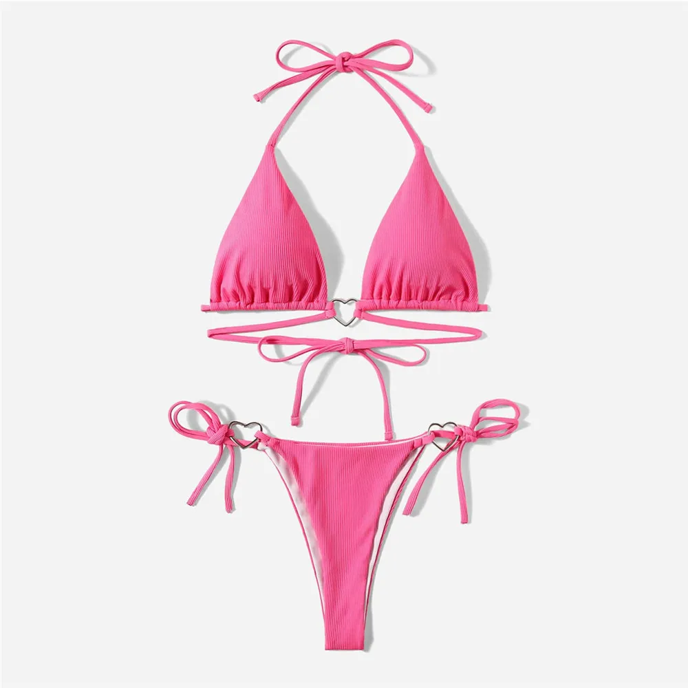 Sexy azzurro costumi da bagno triangolo Halter String Micro Bikini perizoma costume da bagno donna 2024 cuore anello costume da bagno Bikini Set