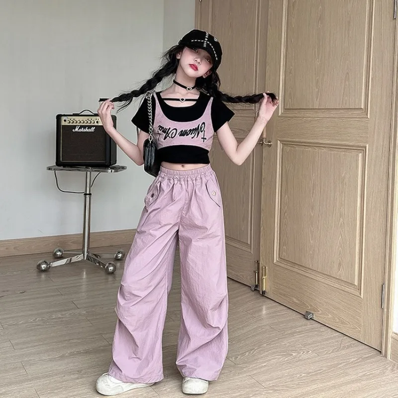 UNITIM Summer Kids Girls Outfits Thin Love Children Girls Short Sleeves Suits Hpop Letter Spliced Junior Girls Sports Pants Set