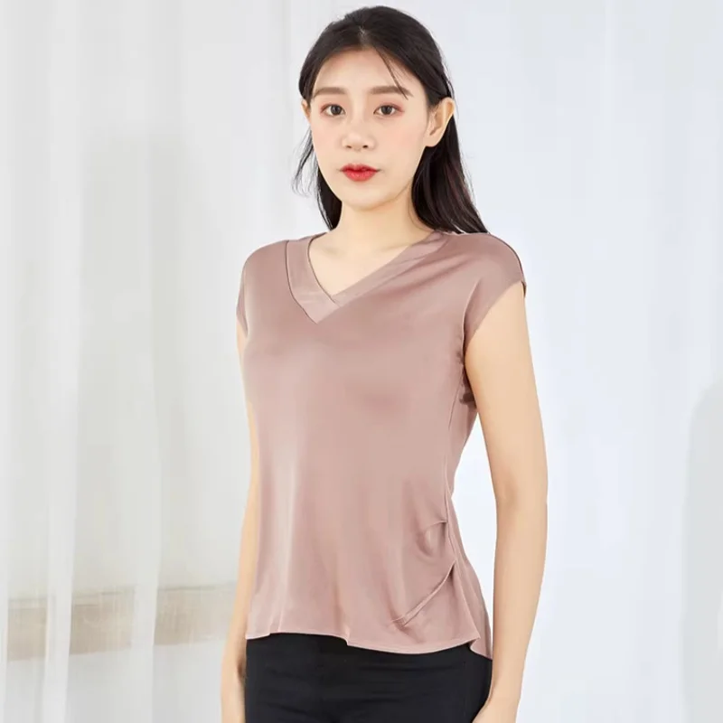 Birdtree, 23% Real Silk 77% Viscose Tank Top, Woman's Basics Casual T shirt, Elegant V-neck Vest, 2026 Spring Summer T61028JF