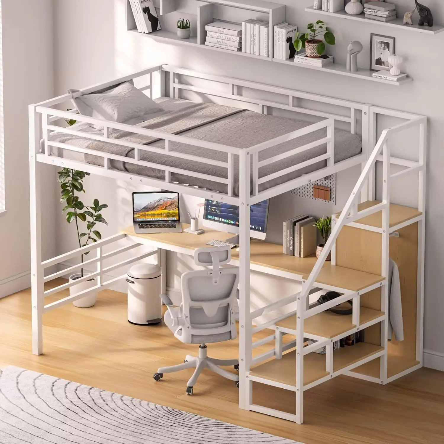 Cama alta de tamanho completo com mesa e escadas de armazenamento, estrutura de cama loft de metal com guarda-roupa, cama alta versátil para crianças, adolescentes e adultos