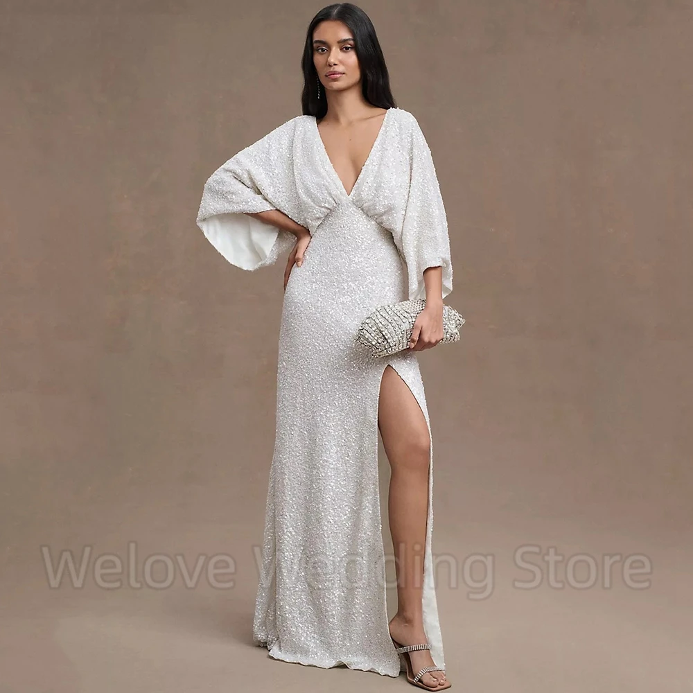 Elegancka cekinowa ślub panny młodej sukienka Sexy głębokie dekolt w serek z długim rękawem A-Line piętro długość rozcięcia po bokach Bridal Civil Register bez pleców suknie