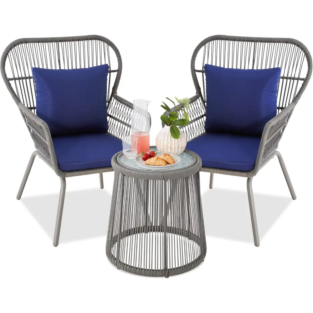 3-Piece Patio Conversation Bistro Set, Outdoor All-Weather Wicker Furniture for Porch, Backyard w/ 2 Wide Ergonomic Chairs,