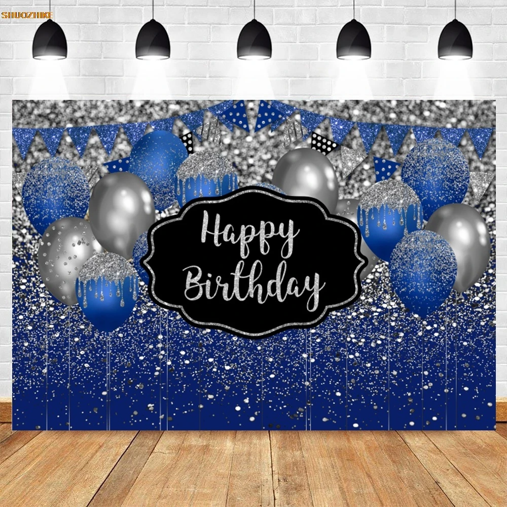 Fondo azul de feliz cumpleaños, globos con manchas brillantes, niños, mujer, hombre, fiesta de cumpleaños, fotografía personalizada, decoración de fondo, pancarta