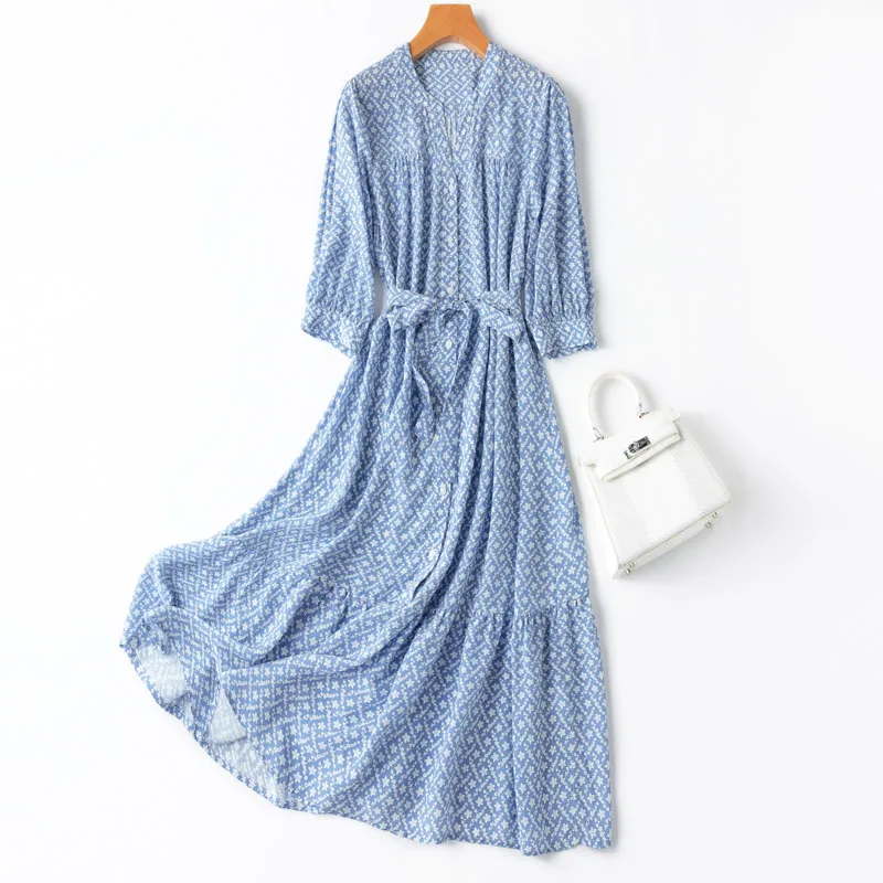 Women Silk Midi Dress 100% Mulbery Silk 16 Momme Blue Floral Printed Ruffles Big Hem V Neck 3/4 Sleeve Long Dress L XL MM956