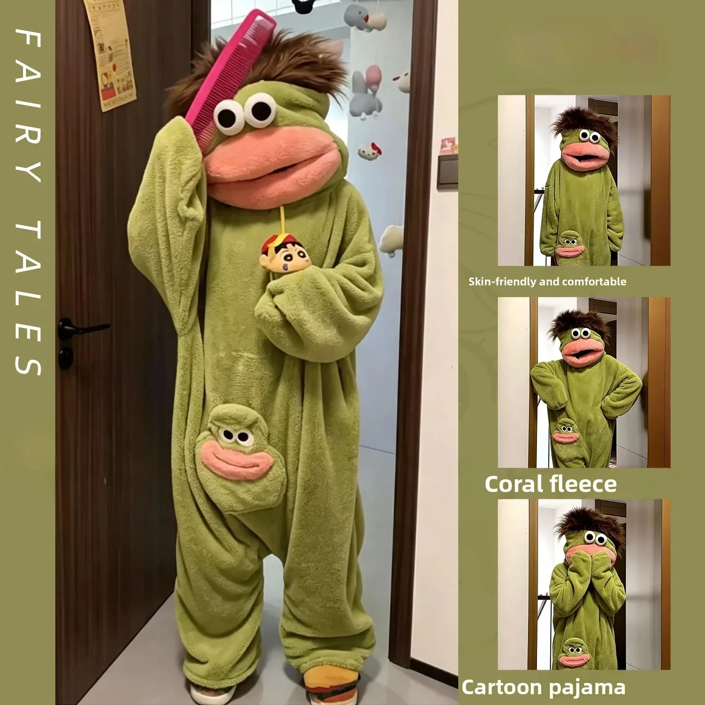 Winter Cartoon Sleepwear Women's Big Mouth Monster Robe Cute Weird Coral Fleece Onesie Warm Comfortable with Comb Home Clothes