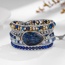 Women Natural Blue Labradorite Stone Boho 5 Wrap Bracelet Strand Leather Bracelet Jewlery for Women Men Gift