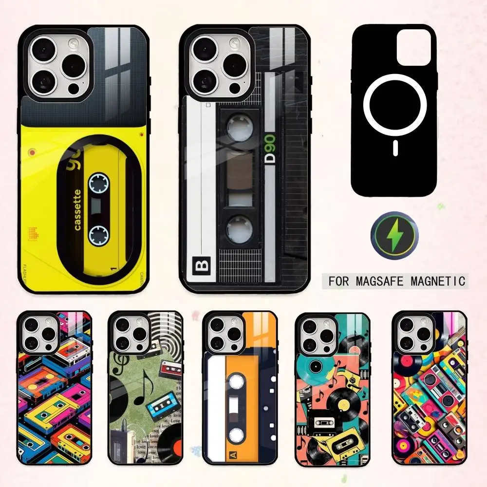 

V-Vintage Music Tapes Cassette Phone Case For iPhone17,16,15,14,13,12,11 Plus,Pro Max Magnetic For Magsafe Wireless Charging