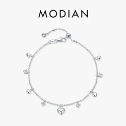 MODIAN 925 Sterling Silver Delicate Mirror Hearts Charm Beads Bracelet Romantic Trendy Link Chain For Women Fine Jewelry