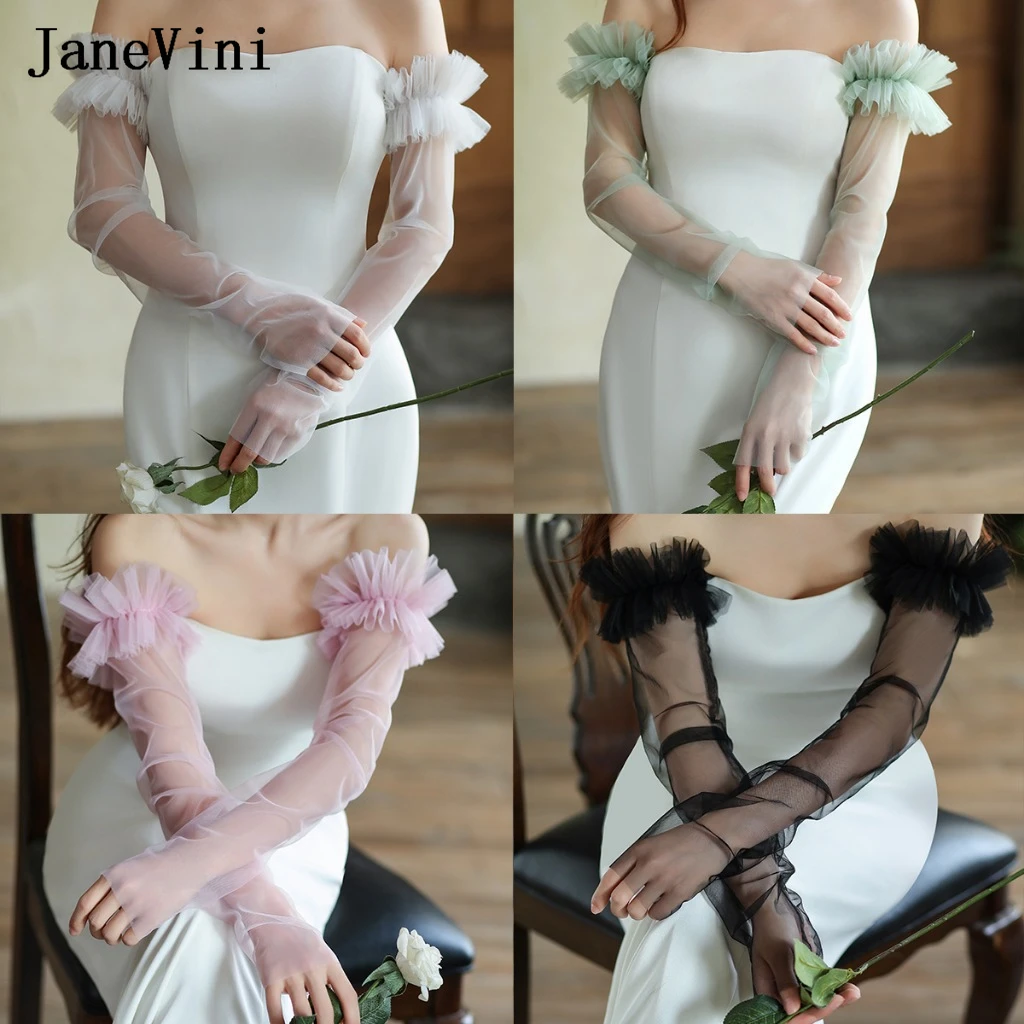 

JaneVini Elegant Tulle Detachable Bridal Sleeves Ivory Pink Long Wedding Party Dress Bride Gloves Fingerless Ruffles Arm Sleeves