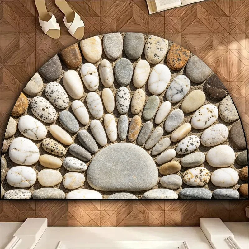 VIKAMA Pebble Stone Bath Mat, Semi-Circle Natural River Rock Non-slip Shower Rug